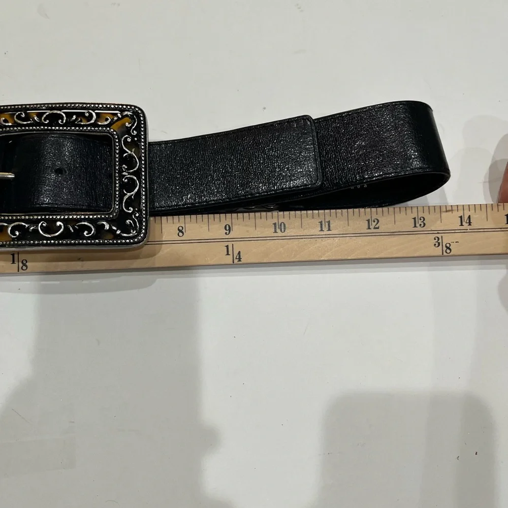 Suzi Roher Black Leather Belt with Square‎ Tortoise Design Buckle Sz. S